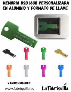 Memoria USB 16 GB en Aluminio forma de llave Personalizada con Pirograbado, regalo original