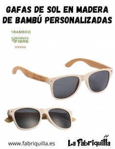 gafas de sol en madera de bambú, con lentes tintadas, protección UV400 y personalizadas en pirograbado, un regalo original