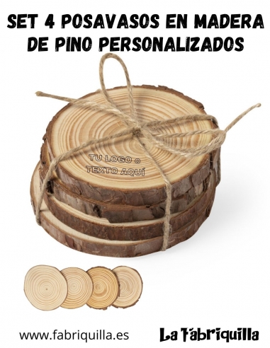 set 4 posavasos madera pino redondos personalizados pirograbado regalo original fabriquilla