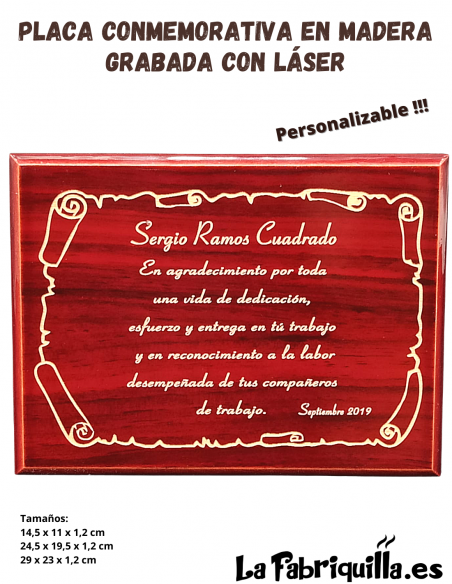 Placa conmemorativa de madera grabada con láser