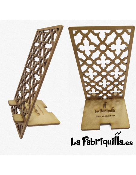 Soporte para móviles, smartphone y tablet, fabricado en madera con detalle calado y con grabado láser personalizado en la base.