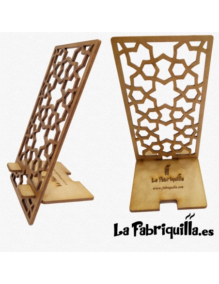 Soporte para móviles, smartphone y tablet, fabricado en madera con detalle calado y con grabado láser personalizado en la base.