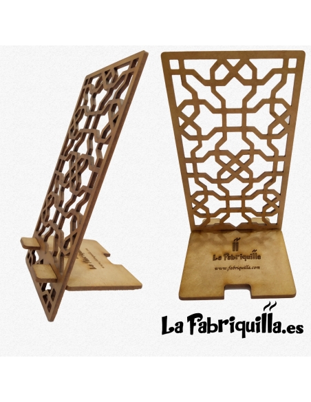 Soporte para móviles, smartphone y tablet, fabricado en madera con detalle calado y con grabado láser personalizado en la base.