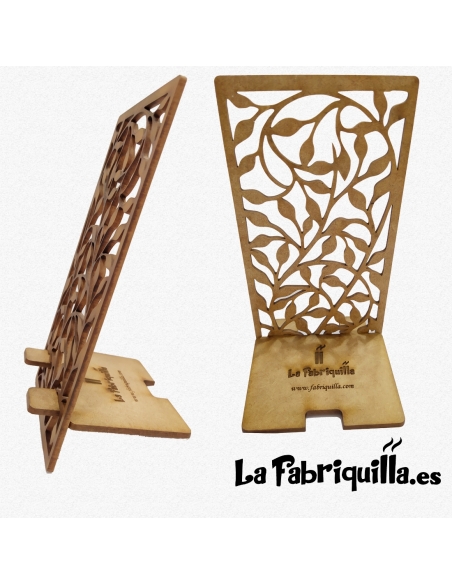 Soporte para móviles, smartphone y tablet, fabricado en madera con detalle calado y con grabado láser personalizado en la base.
