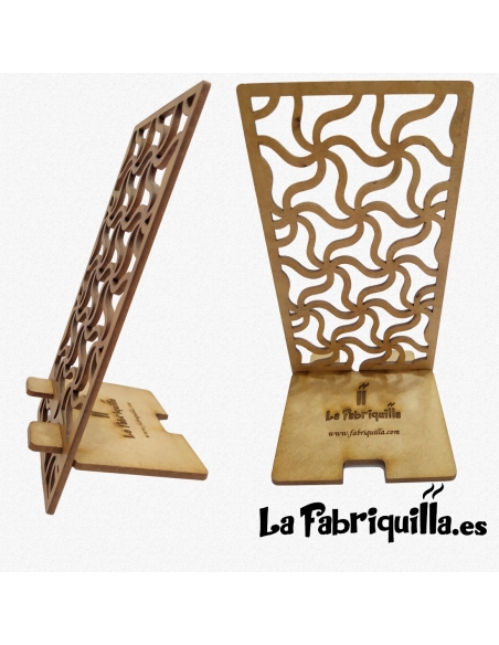 Soporte para móviles, smartphone y tablet, fabricado en madera con detalle calado y con grabado láser personalizado en la base.
